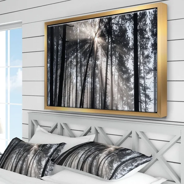 Designart Sunbeams Through Black White Forest- Forest Framed Canvas Wall Art Print in Gold, FL9987-46-36-GD