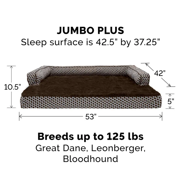 FurHaven Sofa Dog Bed - Plush & D閏or Comfy Couch Cooling Gel Foam, Jumbo Plus, Diamond Brown