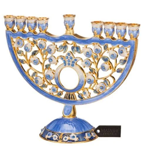Matashi Home Decorative Tabletop Showpiece Hand Painted Blue Enamel Pomegranate Design Menorah Candelabra Embellished with Gold
