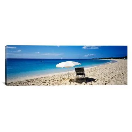 East Urban Home Panoramic Single Beach Chair and Umbrella on Sand - Saint Martin, French West Indies Photographic Print on Wrappe