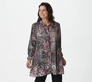 Tolani Collection Button Front Printed Tunic - Size Large, Ash