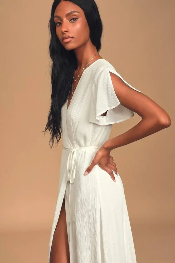 Lulus - Heart of Marigold White Wrap Maxi Dress, Size Large, 100% Polyester