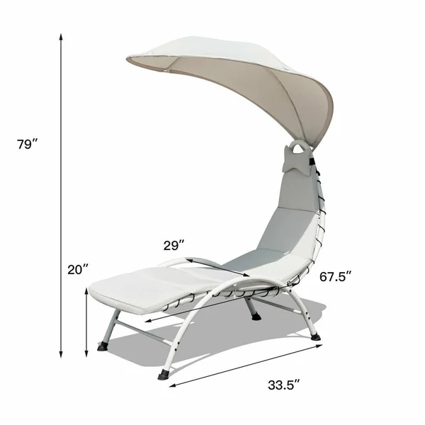 Gymax Hanging Chaise Lounger Chair Arc Stand Porch Swing Hammock Chair w/ Canopy Khaki, Beige
