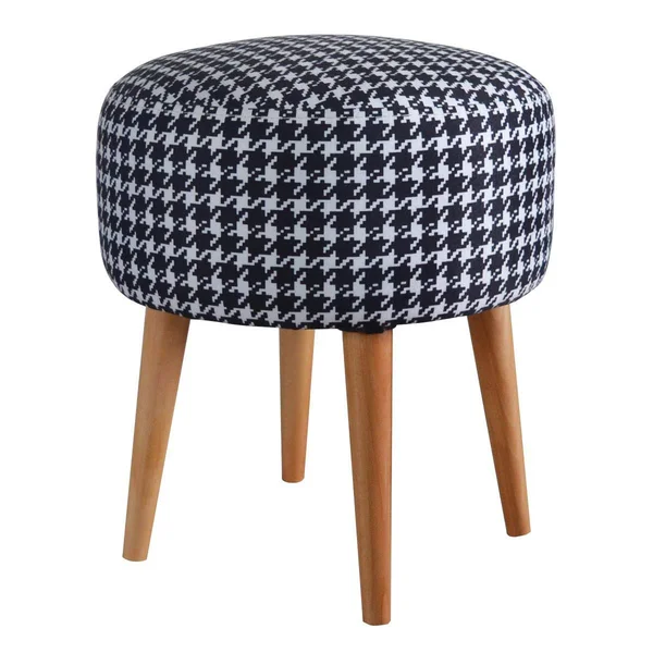 Round Ottoman Plush Pouf Chair - Modern Wooden Leg Foot Stool, Black, 17 x 16 x 16 inches