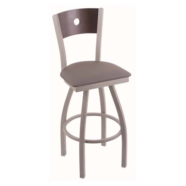 Holland Bar Stool 830 Voltaire 30x22 Bar Stool with Stainless Finish - Allante Medium Grey SEAT, Natural Oak BACK, and 360 Swivel