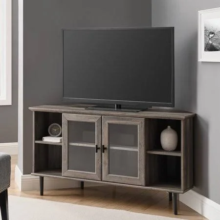 Manor Park Glass Door Corner TV Stand for TVs Up to 55 inch, Grey Wash:, Size: 25 inch H x 48 inch Large x 16 inch W 60 lbs, Gra