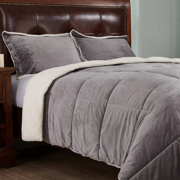Peace Nest Reversible Sherpa Grey Queen Down Alternative Comforter Set