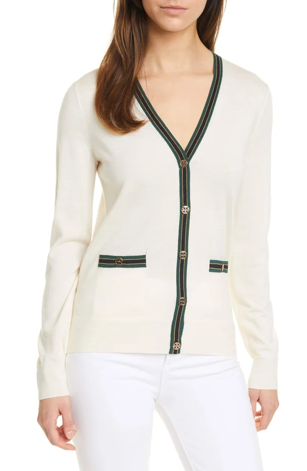 Women's Tory Burch Madeline Cardigan - New Ivory/ Malachite