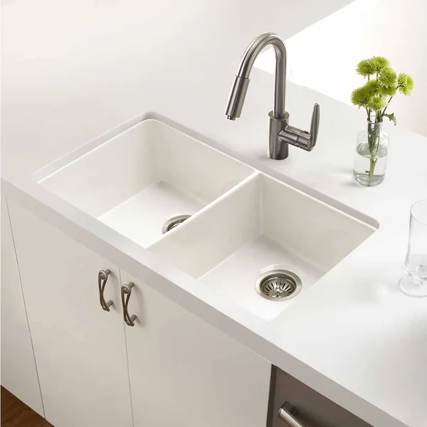 Platus Fireclay 32x22 x 18x22 Apron Double Basin Kitchen Sink Houzer Finish: Biscuit