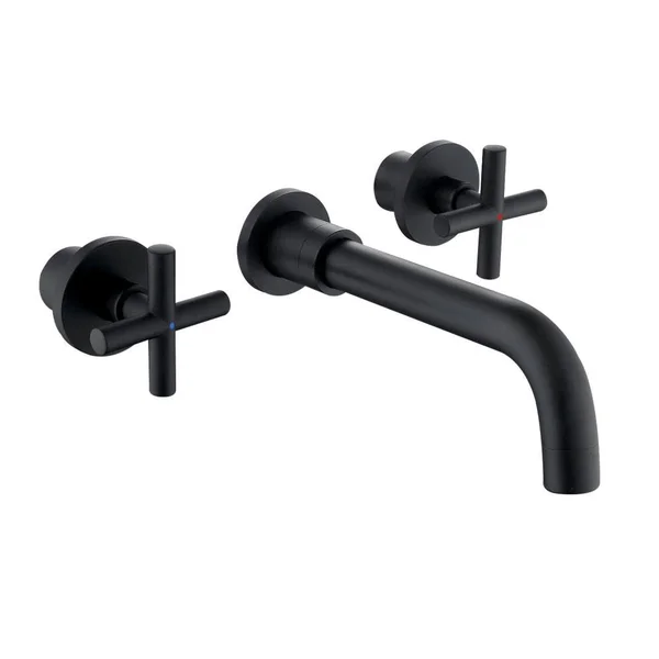 WELLFOR Wall Mount Bathroom Faucet Matte Black 2-Handle Wall-Mount Bathroom Sink Faucet - WB-FA049MB3