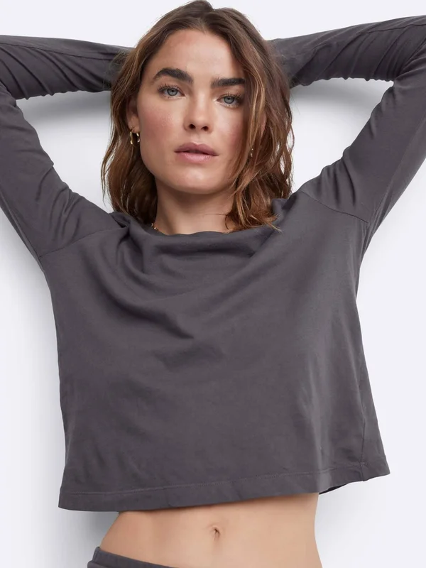 Organic Cotton Long Sleeve Crop Tee Charcoal - M