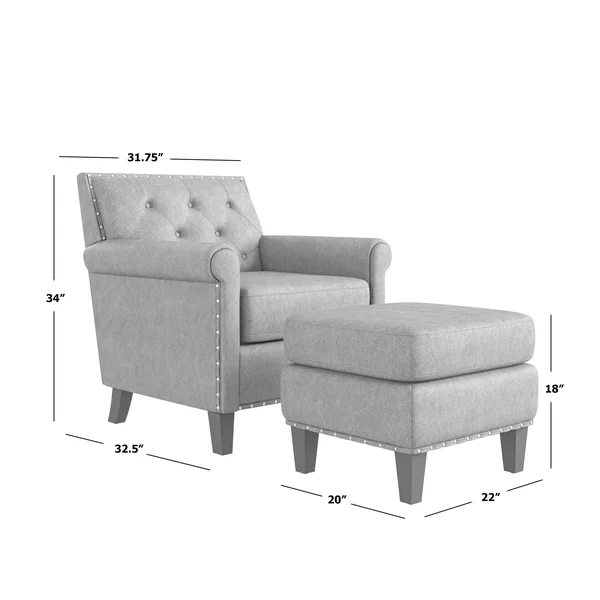 Gracewood Hollow Grantley Button Tufted Rolled Arm Chair and Ottoman - Saddle Brown
