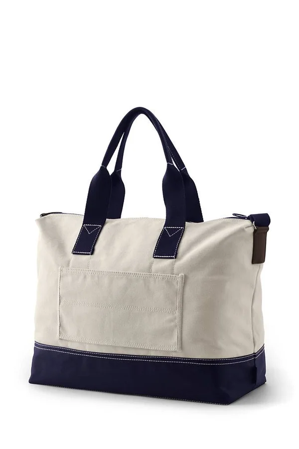 Ivory and Dark Navy Blue Canvas Weekender Duffle Bag - Lands& End - Ivory