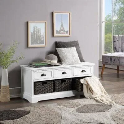 Homes Collection Wicker Storage Bench with 3 Drawers and 3 Woven Baskets Rosalind Wheeler Color: White