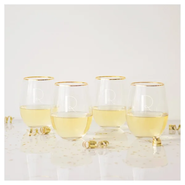Cathy&s Concepts 19.25oz Monogram Gold Rim Stemless Wine Glasses R - Set of 4