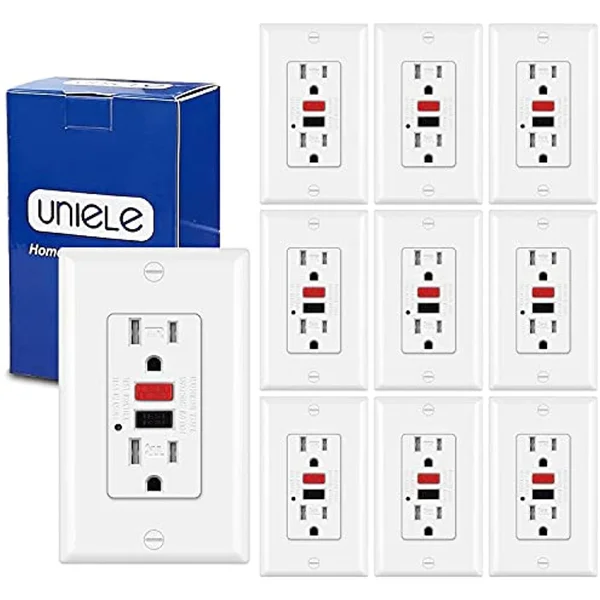 (10 Pack) UNIELE GFCI Receptacle Outlet, 15 Amp Tamper-Resistant (TR) Ground Fault Circuit Interrupter, GFI Outlets with LED Ind