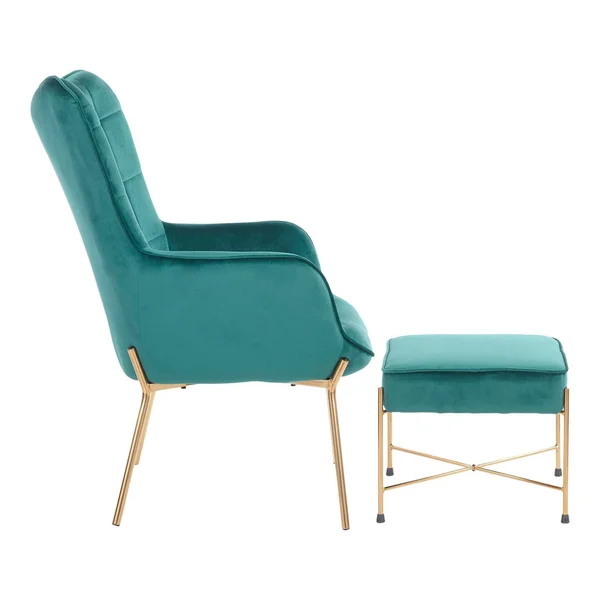 LumiSource Izzy Lounge Chair Ottoman Set Gold Metal Green Velvet