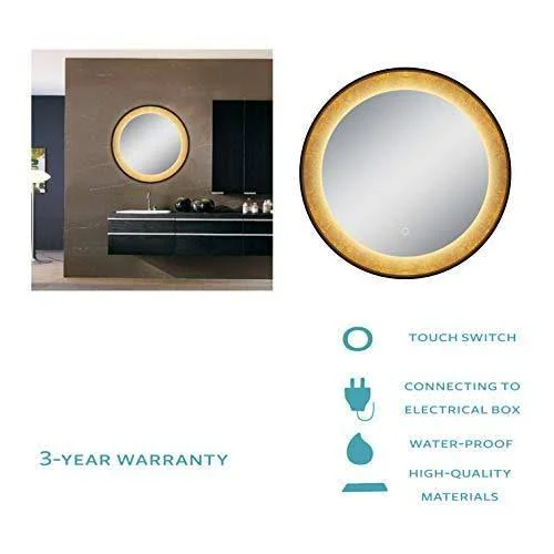 Dreamwerks 30 x 30 inch Round Wall-Mounted LED Vanity/Bathroom Mirror with Touch Switch, IP44 Waterproofing, and A Gold Frame