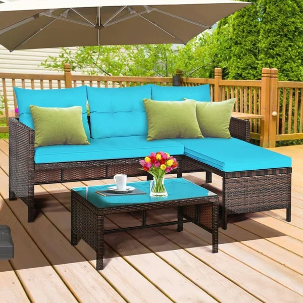 Clihome Brown Steel Frame 3 Piece Outdoor Patio Corner Rattan Sofa Set with Blue Cushions, CWCH-HW63870TU