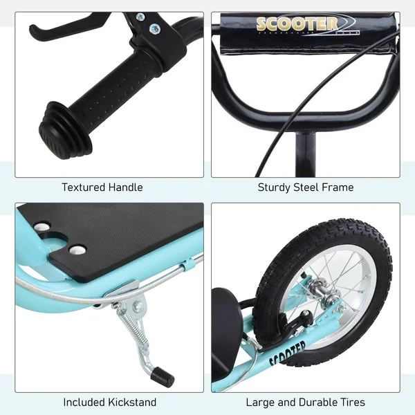 Aosom Teens Youth Scooter Ride on Toy with Adjustable Handlebar - Dual Brakes, and Inflatable Wheels for Kids 5+ - Blue