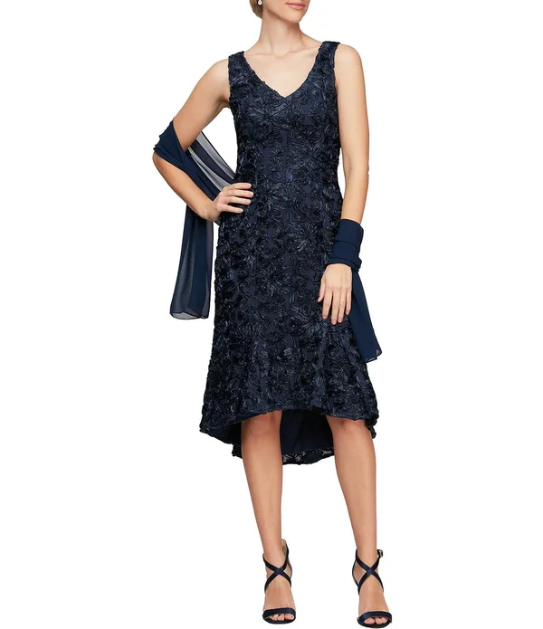 Alex Evenings Soutache Embroidered Flounce Hem Sleeveless Hi-Low Dress - 14