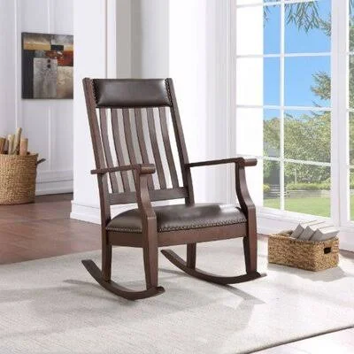 Rocking Chair - Brown PU & Walnut Finish Red Barrel Studio