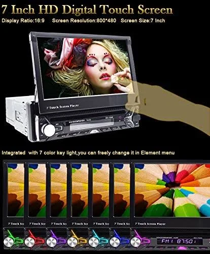 Universal in Dash Single 1din CD/DVD Multimedia Headunit 7-Inch Flip Out Touch Screen - Bluetooth Receiver, Built-In Mic, Hands-F