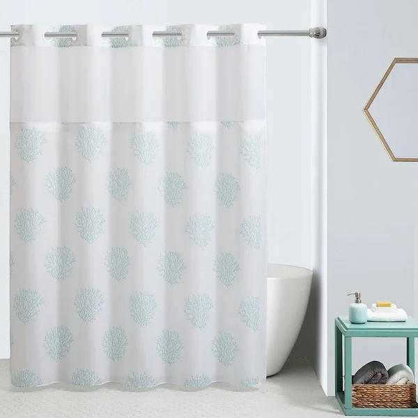 Hookless Ocean Coral Shower Curtain and Liner, Green, 74X71