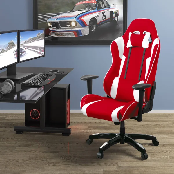 Porch & den Banton Bonded Leather - Fabric, and Mesh High-Back Ergonomic Gaming Chair - White/Blue