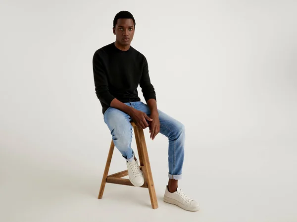 Benetton - Black Crew Neck Sweater in Pure Virgin Wool, Size L, Black, Men