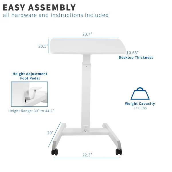 Vivo White 24x22 Pneumatic Mobile Workstation Cart, Sit-Stand Laptop Desk