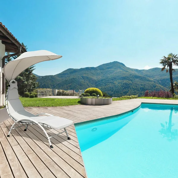 Gymax Hanging Chaise Lounger Chair Arc Stand Porch Swing Hammock Chair w/ Canopy Khaki, Beige