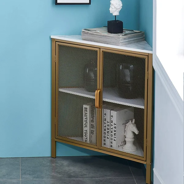 VECELO 3 Tiers Corner Shelf Metal Frame Shelves Storage Organizer with VENTILATION Protection DOOR, Glod, 19.7 x 19.7 x 29.6 inches