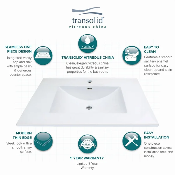 Transolid Tl-1708-01 Juliette 31-in Vitreous China Vanity Top with Integrated Sink - White