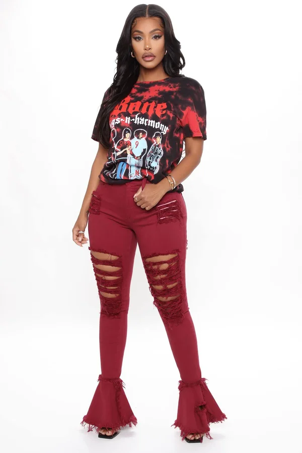 Womens Fray What You Mean Flare Leg Jeans in Burgundy Size 13 by Fashion Nova