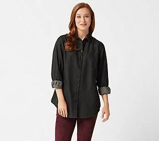 Joan Rivers Denim Shirt with Back Button Detail, Size X-Small, Black Wash