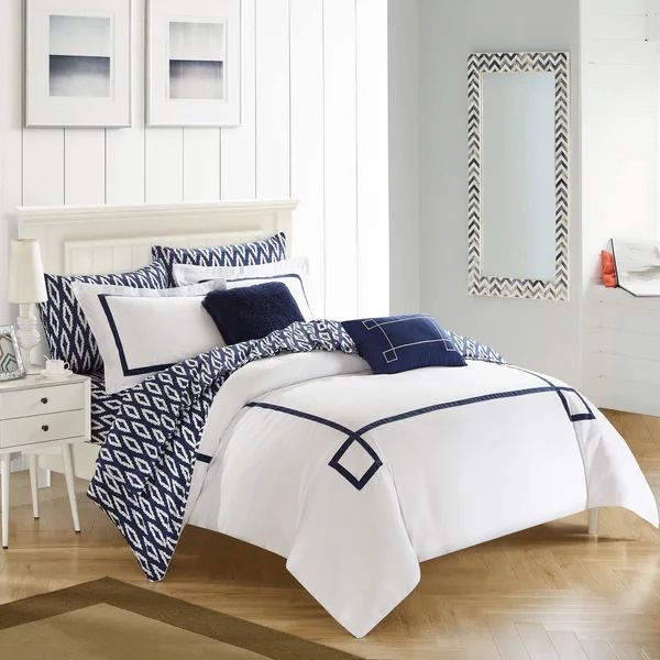 Strick & Bolton Josephine 9-Piece Reversible Navy/ White Bed in A Bag Comforter Set, Size: King, Blue