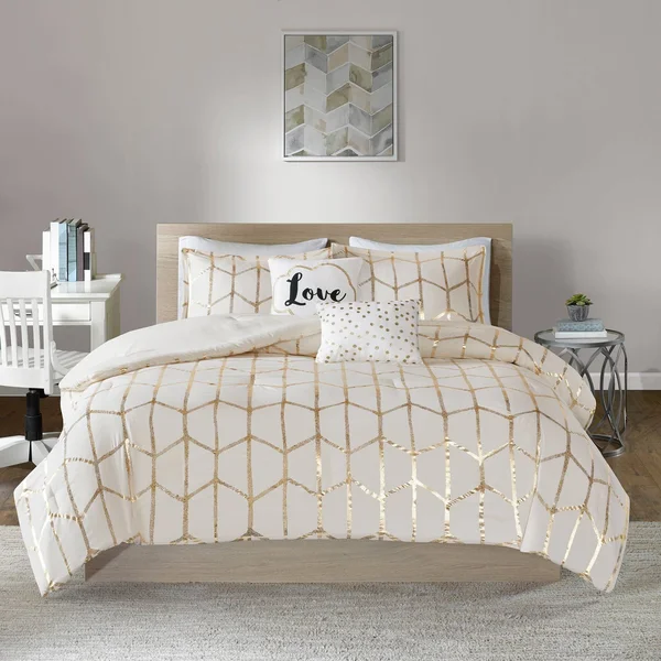 Intelligent Design - Raina Metallic Printed Comforter Set - Navy/Silver - Twin/Twin XL