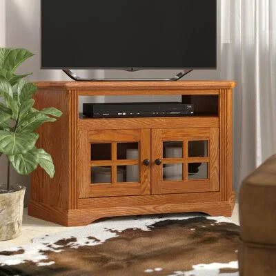 Glastonbury Solid Wood Corner TV Stand for TVs Up to 50x22 Loon Peak Color: Dark Oak - Door Type: Plain Glass