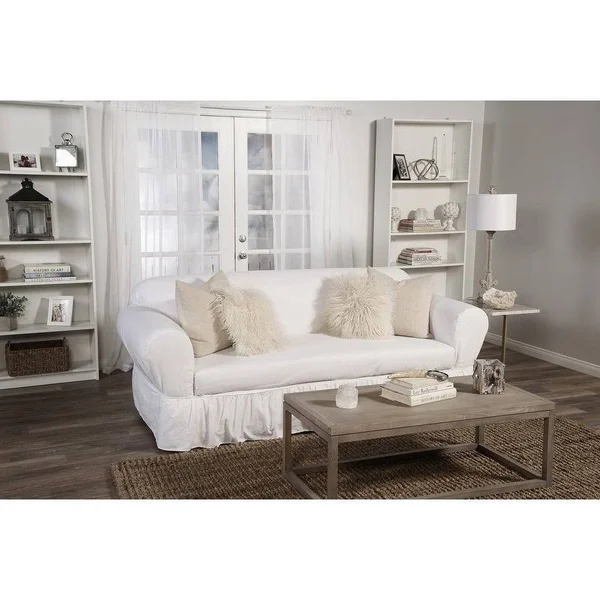 Classic Slipcovers Shabby Sofa Skirted Box Cushion Slipcover, White