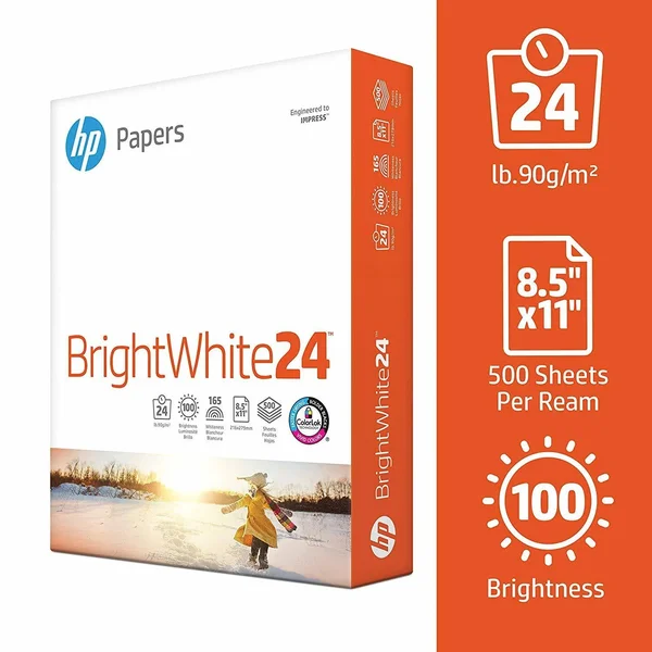 HP Printer Paper, BrightWhite24, 8.5 x 11, Letter, 24lb, 97 Bright, 2, 500 Sheets