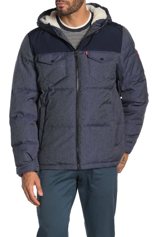 Levi&s Faux Shearling Lined Trucker Puffer Jacket - Heather Navy at Nordstrom Rack