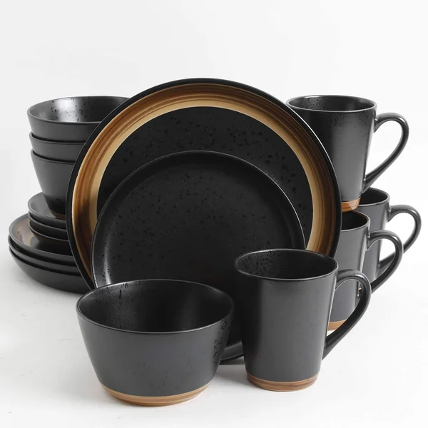 Gibson Tosca Woodlands 16 PC Black Dinnerware Set - with with Brown Woodlook, Trim Stoneware