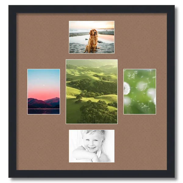 Collage Picture Frame, Satin Black Frame with 5 openings for 8x10 Photos with Brown Sandpiper Mat. D3926DJ327, ArtToFrames