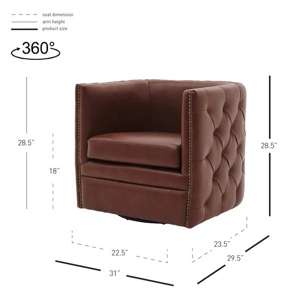 Leslie Top Grain Leather Swivel Tufted Chair, Garrett Brown