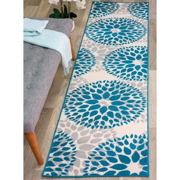 Modern Floral Design Blue Area Rug - 9& x 12&