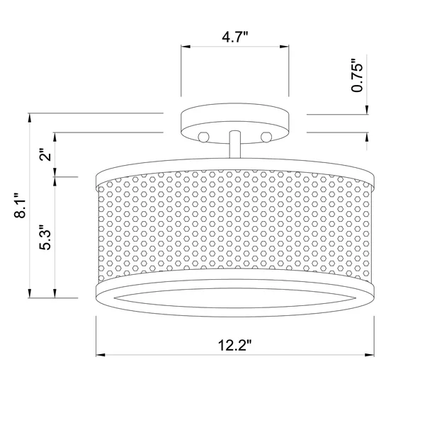 Perin Matte Black+Gold 2-Light Metal Drum Semi-Flush Mount 2015/2SF