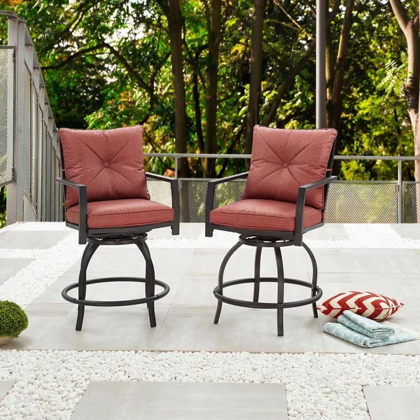 Patio Festival Swivel Metal Outdoor Bar Stool with Red Cushion (2-Pack)