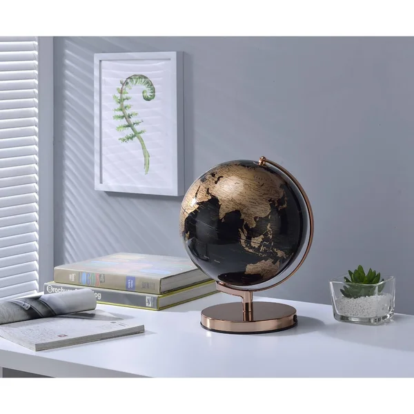 Ore International 12.5 in. Black and Gold Globe on Rose Gold Metal Frame