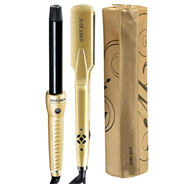 Jose Eber Gift Set, Gold, 25mm Curling Iron, 1.25x22 Ceramic Straightener, Travel Case